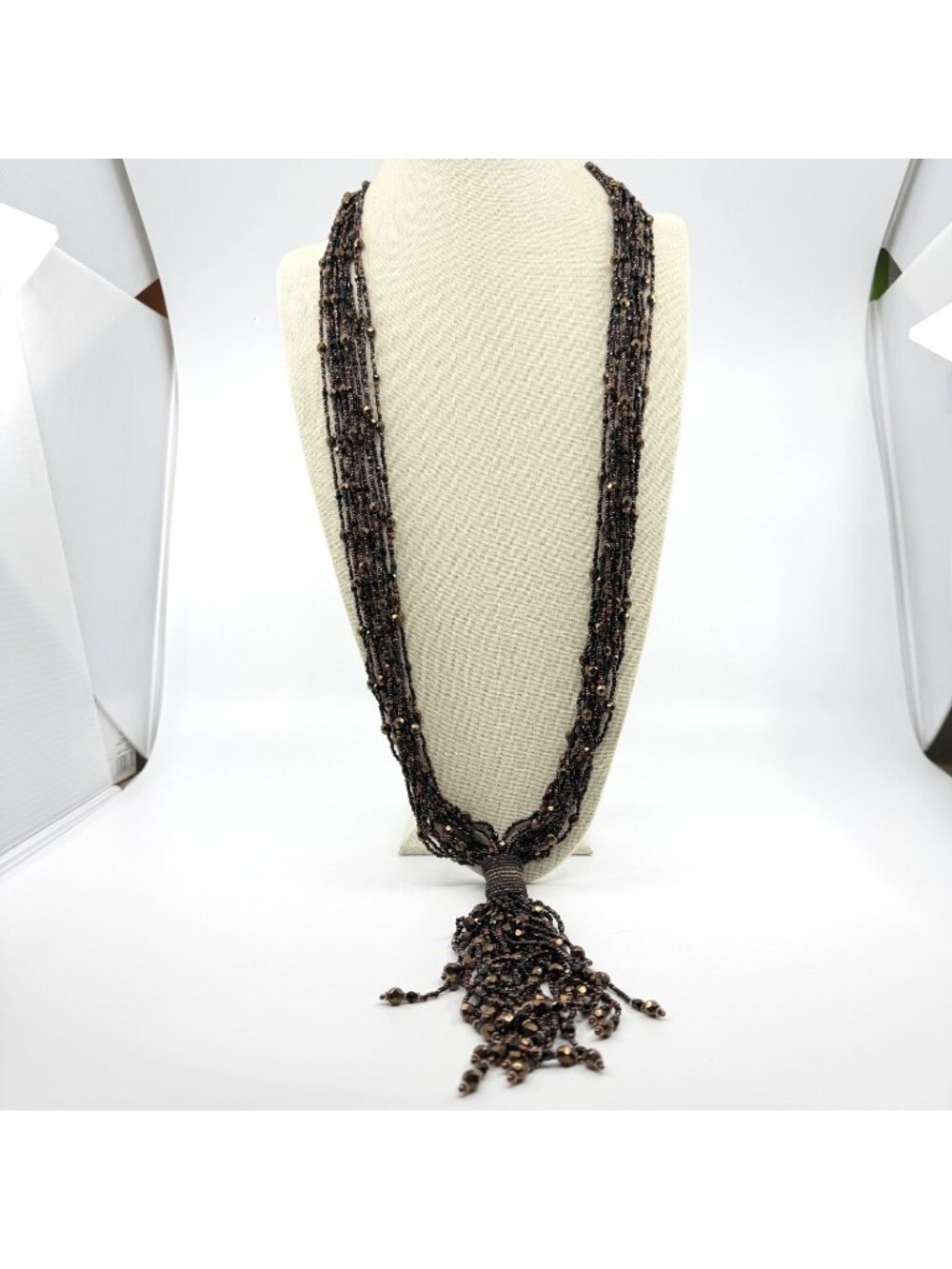 Multi-Strand Bronze Tone Black Bead Tassel Necklace Statement Festival Jewelry